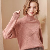 欧昵雪秋冬保暖高领套头菱形毛衣女长袖宽松针织衫上衣
