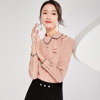 欧昵雪荷叶边拼接不规则斜领套头衬衫上衣女长袖衬衣