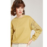 欧昵雪圆领拼接镂空蕾丝长袖宽松纯棉卫衣女显瘦上衣