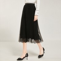 欧昵雪松紧高腰蕾丝网纱半身裙女中长款垂坠感百褶裙