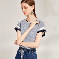 欧昵雪夏季撞色圆领拼接木耳边格子短袖T恤女宽松上衣