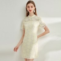 欧昵雪夏季立领拼接花边短袖改良版旗袍雪纺连衣裙女短裙