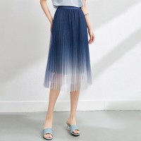 欧昵雪夏装高腰渐变网纱半身裙女遮胯亮丝百褶a字中裙
