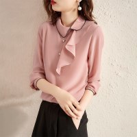 欧昵雪不规则斜领拼接荷叶边直筒雪纺衫女套头显瘦上衣