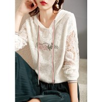 欧昵雪休闲连帽字母绣花蕾丝卫衣女长袖遮肉套头上衣