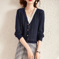 欧昵雪减龄撞色V领亮丝针织开衫女长袖短款毛衣外套