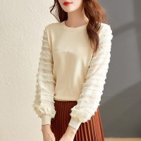 欧昵雪圆领拼接雪纺提花长袖套头宽松遮肚毛针织衫女上衣