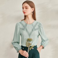 欧昵雪小众圆领拼接花边格子小衫女设计感长袖上衣