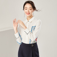 欧昵雪通勤趣味印花长袖白色衬衫女上衣宽松显瘦衬衣