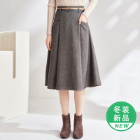 OUNIXUE欧昵雪 | [可拆卸皮带A字裙]冬季复古法式纯色中长款高腰半身裙女