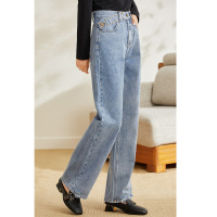 OUNIXUE欧昵雪 | [直筒阔腿裤]高腰显瘦休闲长裤扣袢装饰复古牛仔裤女