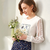 OUNIXUE欧昵雪 | 2022春季蕾丝镂空拼接打底衫圆领套头上衣绣花长袖T恤女