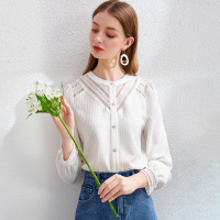 OUNIXUE欧昵雪 | 春季圆领套头上衣设计感镂空雪纺衫小众气质修身长袖白衬衫女