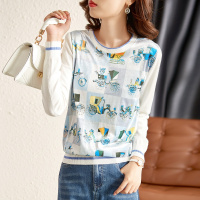 OUNIXUE欧昵雪 | [撞料拼接毛衣]春季波普风圆领马车印花上衣宽松针织衫女