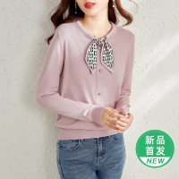 OUNIXUE欧昵雪 | [优雅印花丝巾上衣]春季气质简约百搭打底衫单排扣针织衫女