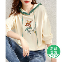OUNIXUE欧昵雪 | [时尚字母绣花上衣]春季减龄小鹿撞色连帽长袖宽松卫衣女