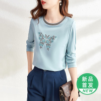 OUNIXUE欧昵雪 | [时尚蝴蝶绣花长袖]春季韩版罗纹撞色拼接圆领休闲女士T恤