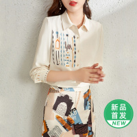 OUNIXUE欧昵雪 | [时尚几何印花上衣]春季简约POLO领长袖衬衣直筒衬衫女