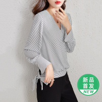 OUNIXUE欧昵雪 | [围裹式条纹系带上衣]春季气质V领小衫雪纺衫直筒衬衫女