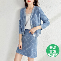 OUNIXUE欧昵雪 | [小香风针织两件套]春季时尚上衣开衫外套松紧半身裙套装女