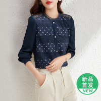 OUNIXUE欧昵雪 | [知性斯文波点印花衬衣]春季温柔花边立领蕾丝衫长袖衬衫女