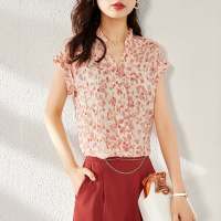 OUNIXUE欧昵雪 | [文艺复古风上衣]夏季木耳边半开领雪纺印花翻折短袖衬衫女