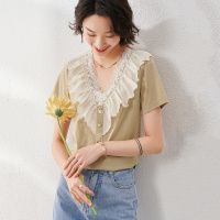 OUNIXUE欧昵雪 | [荷叶边拼接上衣]夏季气质V领宽松短袖纯棉T恤女
