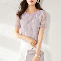 OUNIXUE欧昵雪 | [波浪边镂空蕾丝衫]夏气质圆领镂空印花短袖衬衫女