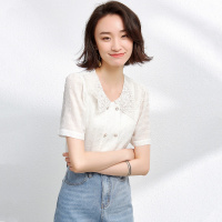 OUNIXUE欧昵雪 | [蕾丝花边短袖雪纺衫]夏季淑女气质上衣设计感提花女式衬衫