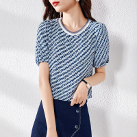 OUNIXUE欧昵雪 | [轻熟风格纹小衫]夏季休闲百搭几何印花短袖T恤女