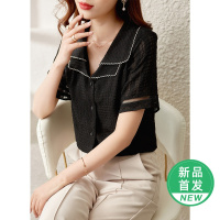 OUNIXUE欧昵雪 | [双层翻领短袖上衣]夏季镂空花边小衫百搭休闲雪纺提花衬衫女