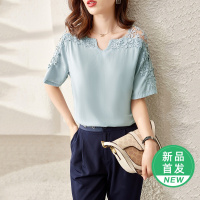 OUNIXUE欧昵雪 | [洋气镂空蕾丝小衫]夏季优雅淑女气质性感开叉通勤短袖衬衫女