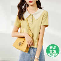 OUNIXUE欧昵雪 | [淑女气质短袖针织衫]夏季修身时尚百搭休闲仿真丝纱领女式T恤