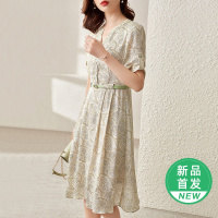 OUNIXUE欧昵雪 | [优雅碎花A字裙]夏季时尚半开V领配皮带宽松休闲连衣裙女