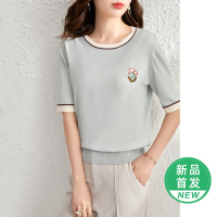 OUNIXUE欧昵雪 | [文艺范套头短袖]夏季时尚圆领花卉绣花针织衫休闲女士T恤