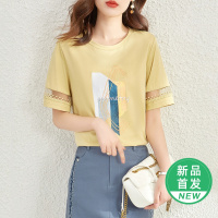 OUNIXUE欧昵雪 | [镂空蕾丝拼接T恤]夏季艺术风烫图上衣简约套头百搭短袖女