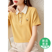 OUNIXUE欧昵雪 | [减龄感绣花上衣]夏季时尚Polo领撞色休闲T恤女