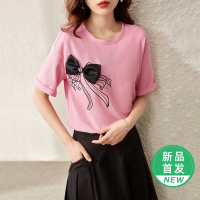 OUNIXUE欧昵雪 | [蝴蝶结装饰T恤]夏季时尚圆领绣花上衣宽松休闲套头短袖女