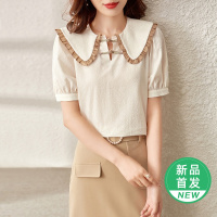 OUNIXUE欧昵雪 | [复古盘扣装饰衬衫]夏季温柔风木耳边翻领小众上衣女士短袖