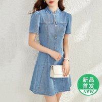 OUNIXUE欧昵雪 | [复古中国风盘扣牛仔裙]夏季浪漫泡泡袖裙子A字连衣裙女