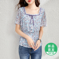 OUNIXUE欧昵雪 | [浪漫蝴蝶结装饰上衣]夏季田园风小碎花雪纺衫方领短袖女