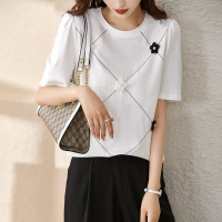 OUNIXUE欧昵雪 | [时尚套头T恤]夏季潮流韩版圆领明线绣花装饰短袖上衣女