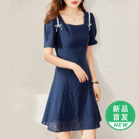 OUNIXUE欧昵雪 | [郝本风方领连衣裙]夏季复古优雅短袖A字裙时尚纯色裙子女