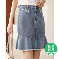 OUNIXUE欧昵雪 | [时尚感高腰牛仔裙]夏季复古显瘦包臀裙荷叶边修身半身裙女