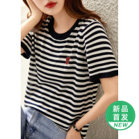 OUNIXUE欧昵雪 | [复古条纹短袖]夏季时尚圆领小熊章仔针织衫休闲宽松上衣女