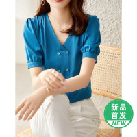 OUNIXUE欧昵雪 | [OL通勤纯色小衫]夏季职业风V领双排扣泡泡肩短袖上衣女
