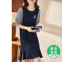 OUNIXUE欧昵雪 | [假两件拼接鱼尾裙]夏季慵懒风圆领气球贴布绣短袖连衣裙女