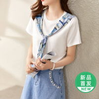 OUNIXUE欧昵雪 | [时尚印花披肩T恤]夏季文艺范圆领舒适上衣薄套头短袖女