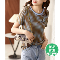 OUNIXUE欧昵雪 | [时尚小熊条纹短袖]夏季设计感撞色圆领套头T恤休闲上衣女