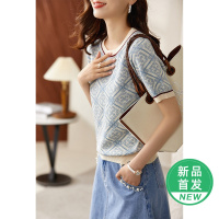 OUNIXUE欧昵雪 | [气质套头针织衫]夏季时尚感撞色圆领短袖几何格纹上衣女